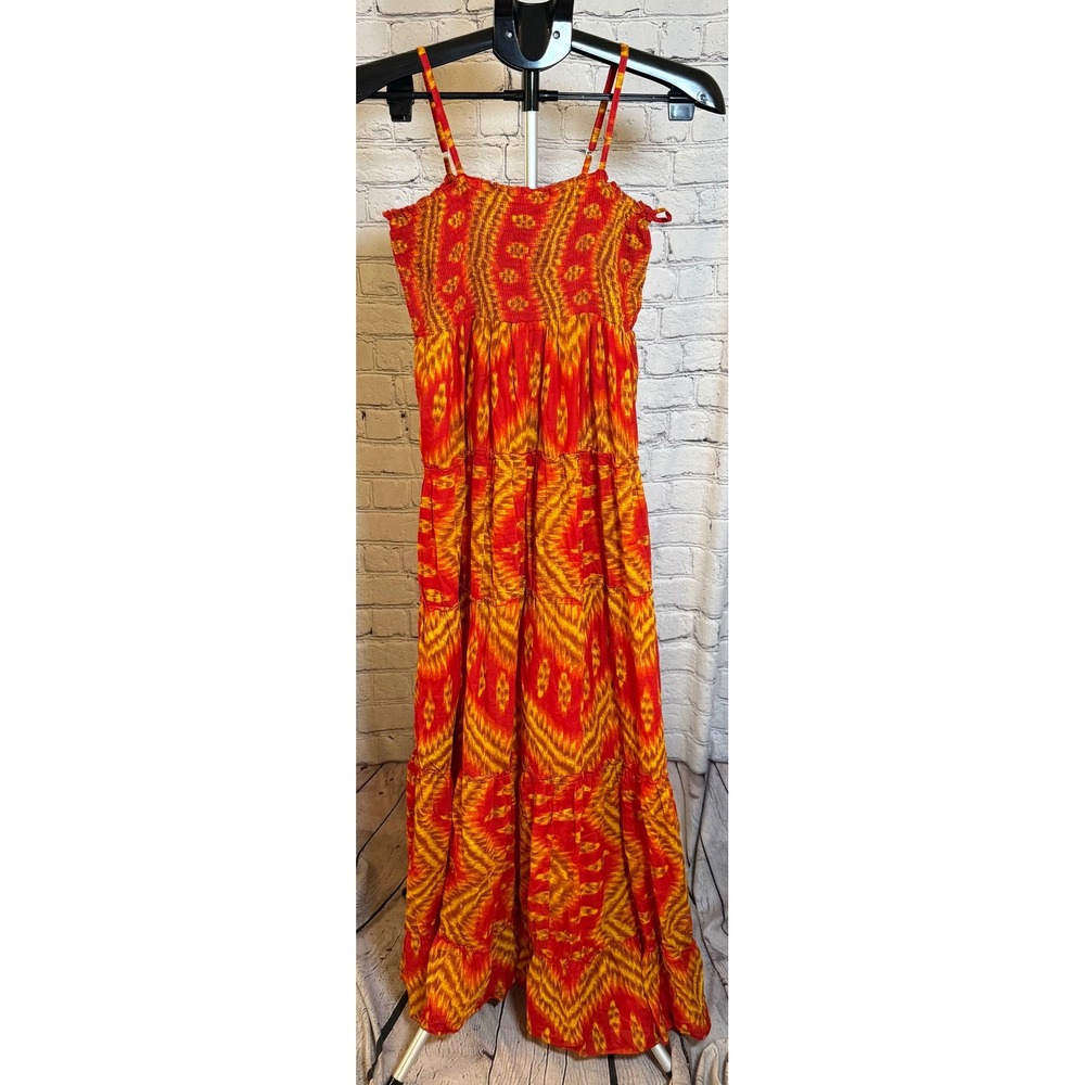 Cache Red Orange Ikat Print Cotton Smocked Tiered Maxi Dress Large Boho Summer